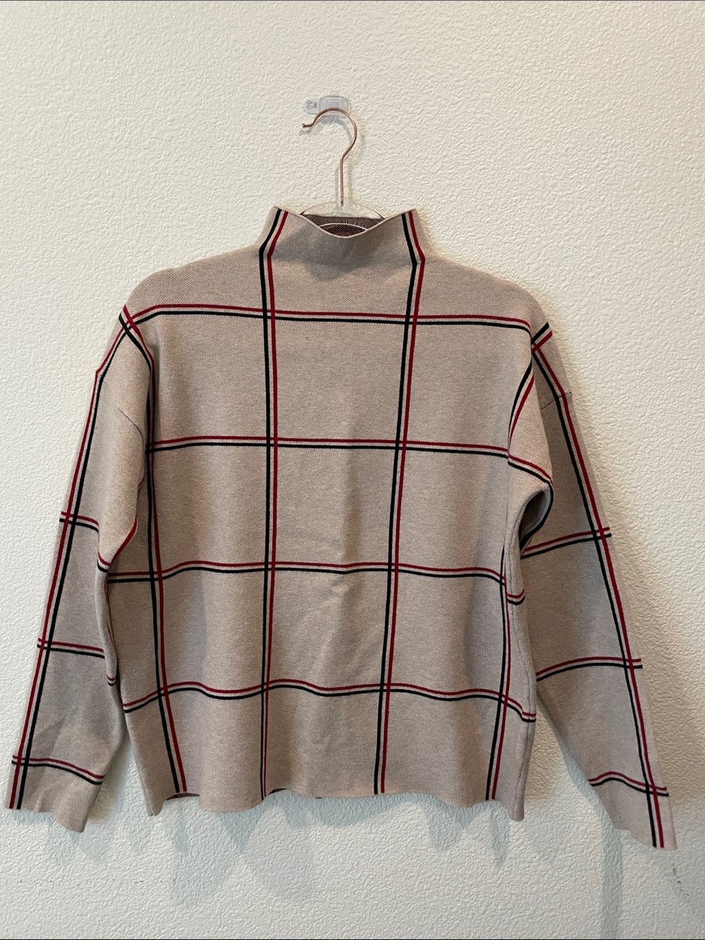 Women’s Beige Windowpane Mock Neck Sweater